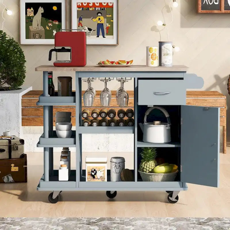Desserte de cuisine en bois d'hévéa avec étagères réglables et casier à vin