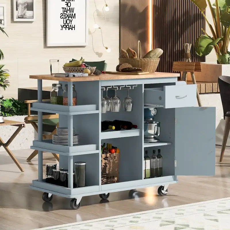 Desserte de cuisine en bois d'hévéa avec étagères réglables et casier à vin