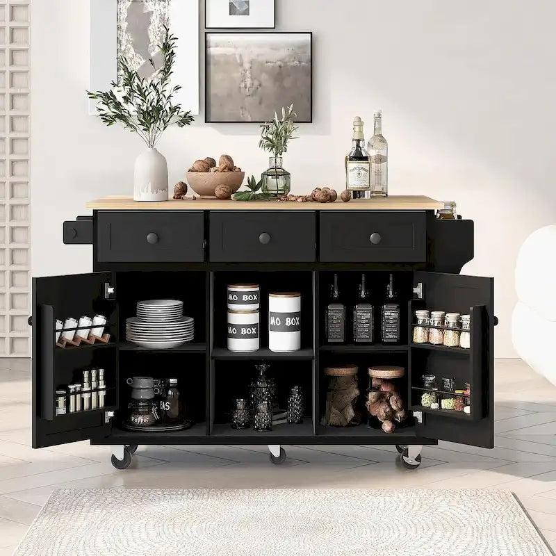 Desserte de cuisine en bois d'hévéa à rallonges, avec rangement intérieur et 3 tiroirs