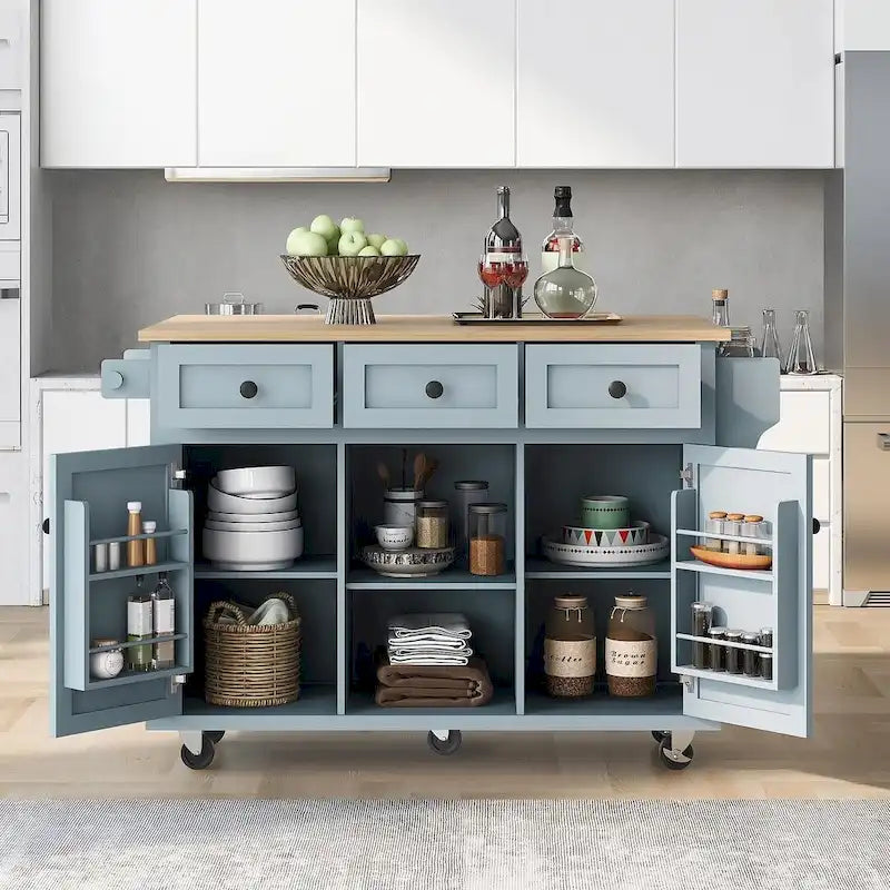 Desserte de cuisine en bois d'hévéa à rallonges, avec rangement intérieur et 3 tiroirs