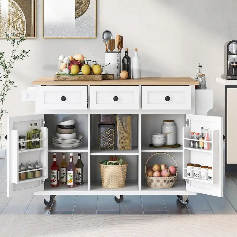 Desserte de cuisine en bois d'hévéa à rallonges, avec rangement intérieur et 3 tiroirs