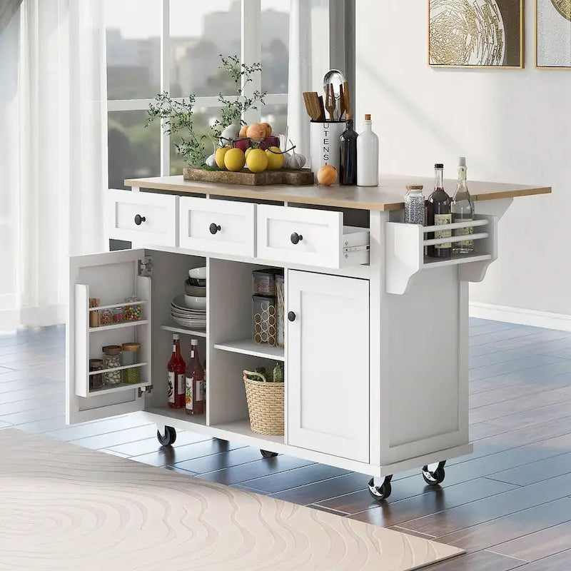 Desserte de cuisine en bois d'hévéa à rallonges, avec rangement intérieur et 3 tiroirs