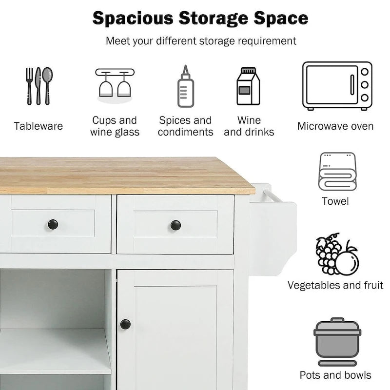 Desserte de cuisine en bois d'hévéa à rallonges, avec rangement intérieur et 3 tiroirs