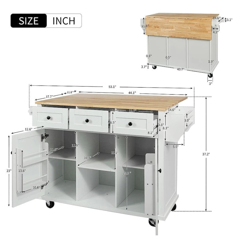 Desserte de cuisine en bois d'hévéa à rallonges, avec rangement intérieur et 3 tiroirs