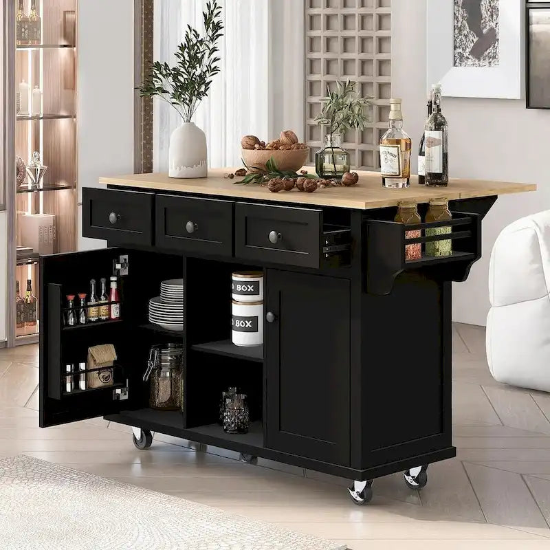 Desserte de cuisine en bois d'hévéa à rallonges, avec rangement intérieur et 3 tiroirs