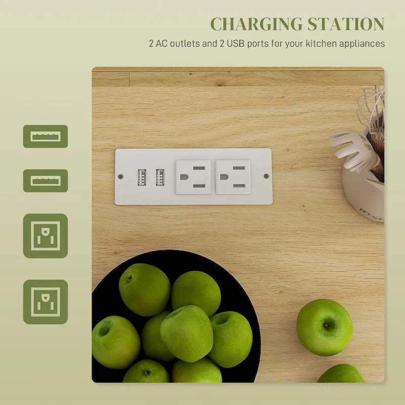 Îlot de cuisine roulant avec rangement, prises électriques et ports USB
