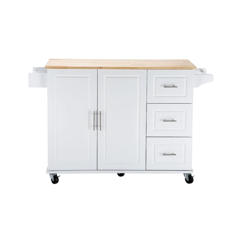 Chariot d'îlot de cuisine avec plateau extensible en bois d'hévéa et roues verrouillables