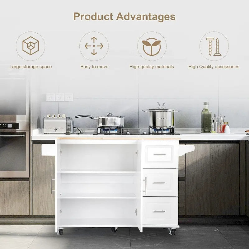 Chariot d'îlot de cuisine avec plateau extensible en bois d'hévéa et roues verrouillables