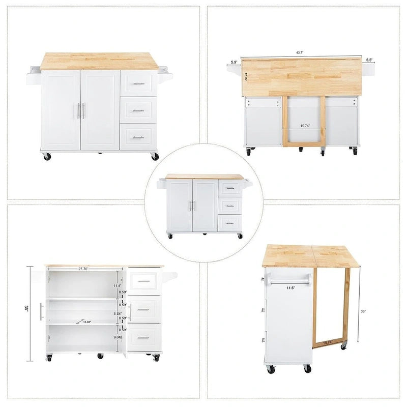 Chariot d'îlot de cuisine avec plateau extensible en bois d'hévéa et roues verrouillables