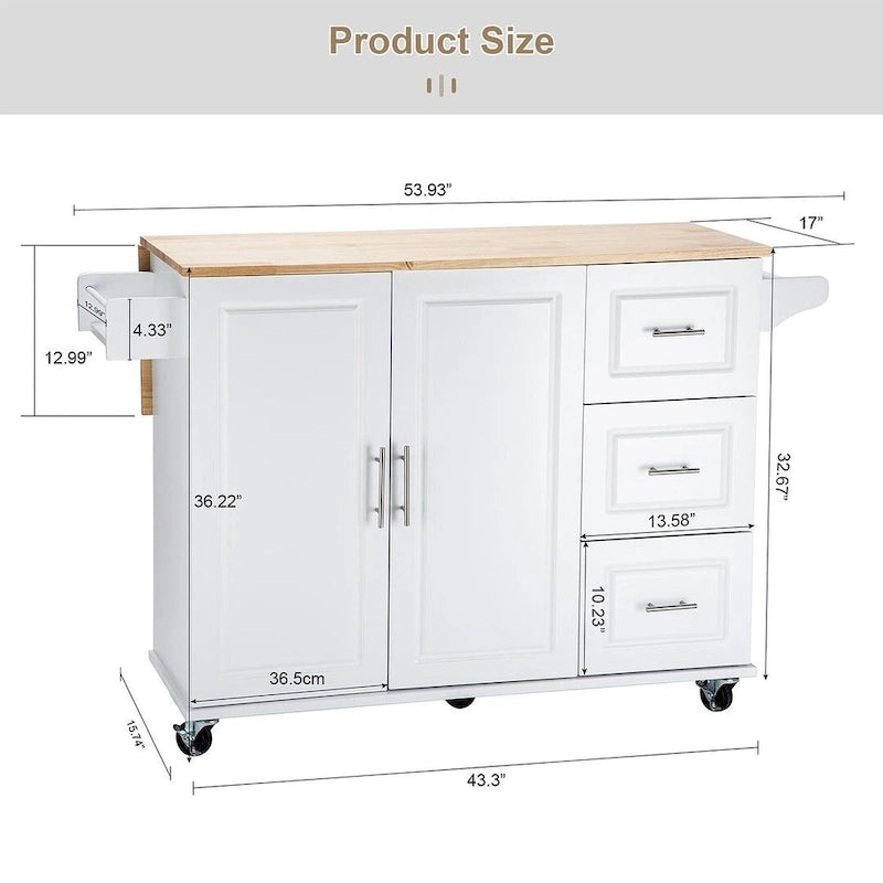 Chariot d'îlot de cuisine avec plateau extensible en bois d'hévéa et roues verrouillables