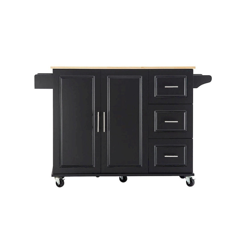 Chariot d'îlot de cuisine avec plateau extensible en bois d'hévéa et roues verrouillables