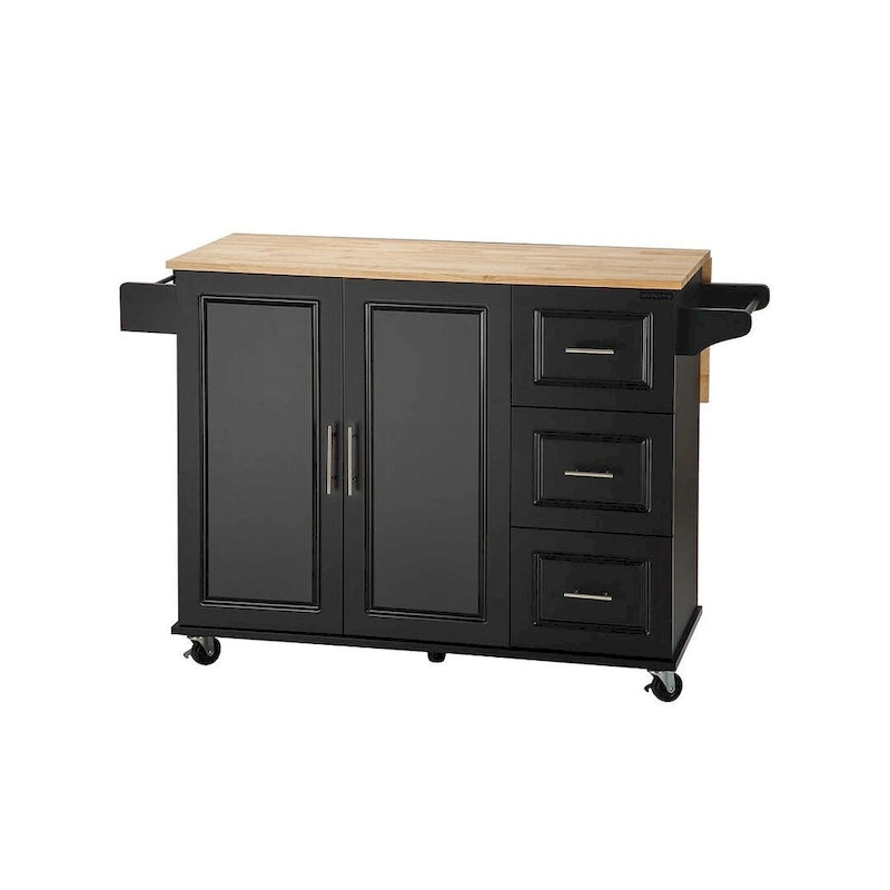 Chariot d'îlot de cuisine avec plateau extensible en bois d'hévéa et roues verrouillables