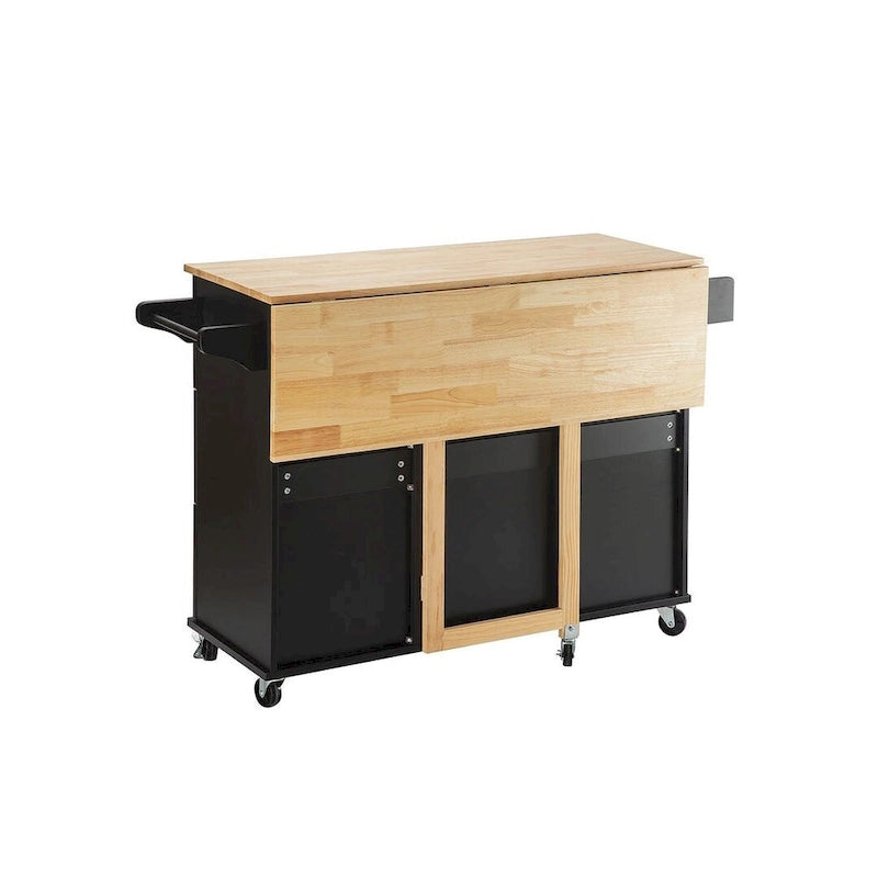 Chariot d'îlot de cuisine avec plateau extensible en bois d'hévéa et roues verrouillables