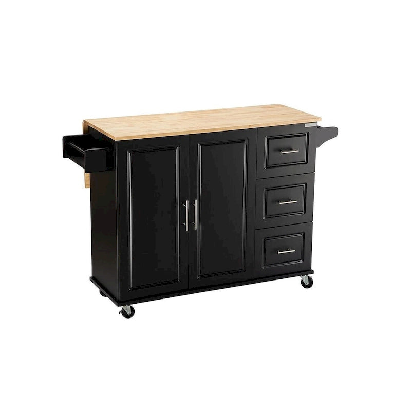 Chariot d'îlot de cuisine avec plateau extensible en bois d'hévéa et roues verrouillables