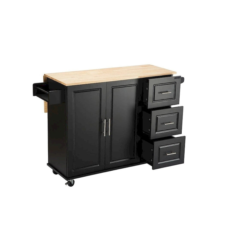 Chariot d'îlot de cuisine avec plateau extensible en bois d'hévéa et roues verrouillables
