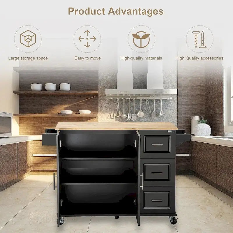 Chariot d'îlot de cuisine avec plateau extensible en bois d'hévéa et roues verrouillables
