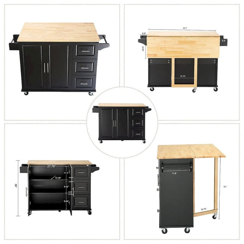 Chariot d'îlot de cuisine avec plateau extensible en bois d'hévéa et roues verrouillables