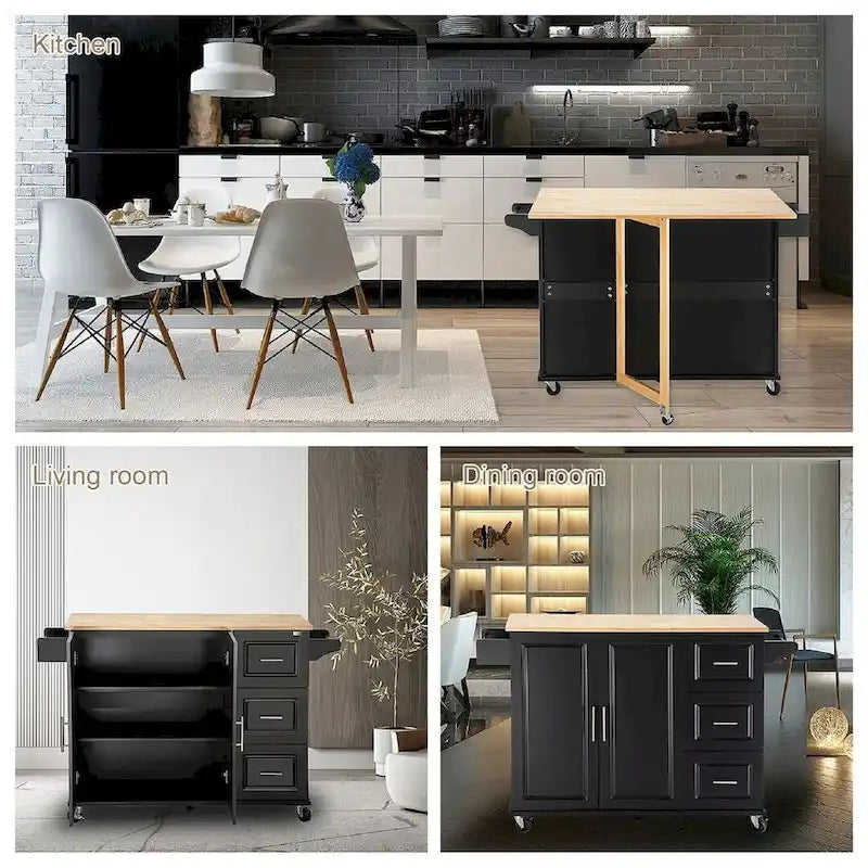 Chariot d'îlot de cuisine avec plateau extensible en bois d'hévéa et roues verrouillables