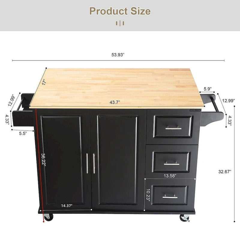 Chariot d'îlot de cuisine avec plateau extensible en bois d'hévéa et roues verrouillables