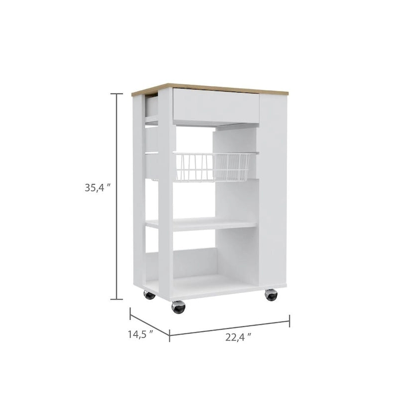 Chariot de cuisine blanc et chêne clair à 5 étagères et 1 tiroir