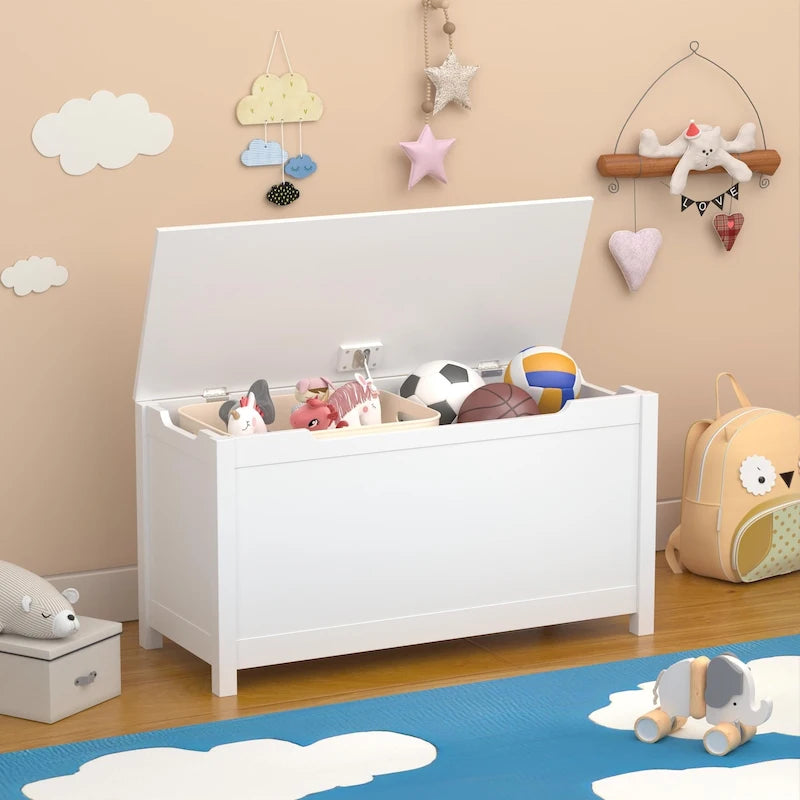 Coffre de rangement en bois pour enfants avec couvercle à charnière de sécurité, pour les 3 ans et plus. Idéal pour le salon, la salle à manger, l'entrée.