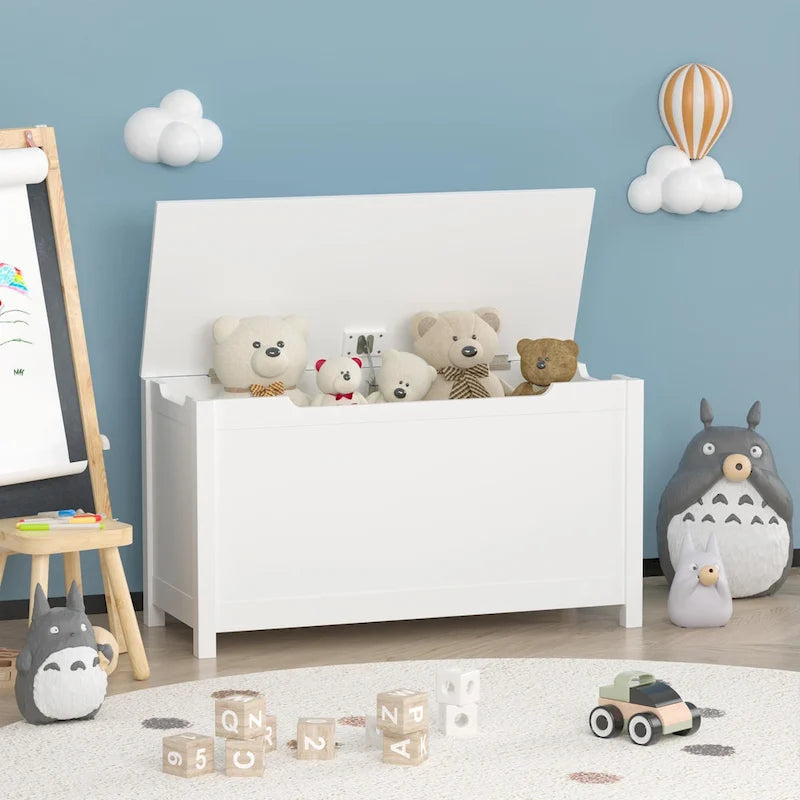 Coffre de rangement en bois pour enfants avec couvercle à charnière de sécurité, pour les 3 ans et plus. Idéal pour le salon, la salle à manger, l'entrée.