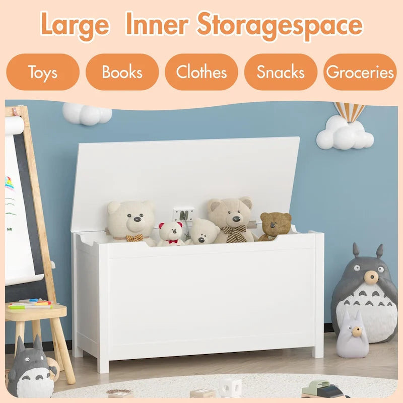 Coffre de rangement en bois pour enfants avec couvercle à charnière de sécurité, pour les 3 ans et plus. Idéal pour le salon, la salle à manger, l'entrée.