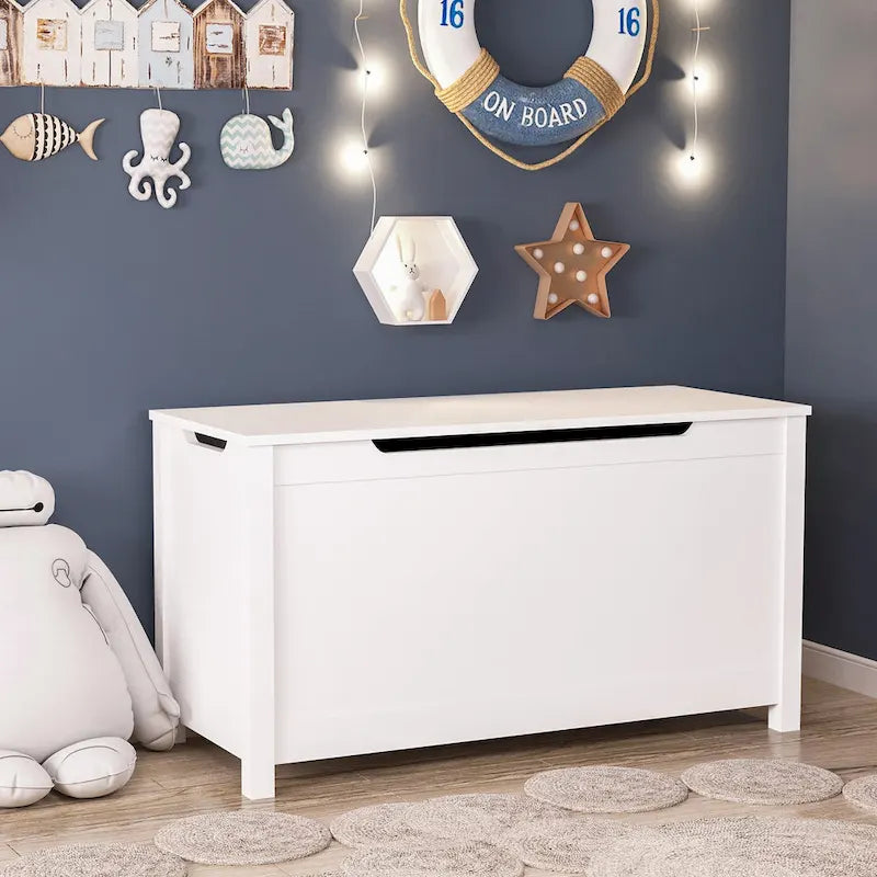 Coffre de rangement en bois pour enfants avec couvercle à charnière de sécurité, pour les 3 ans et plus. Idéal pour le salon, la salle à manger, l'entrée.