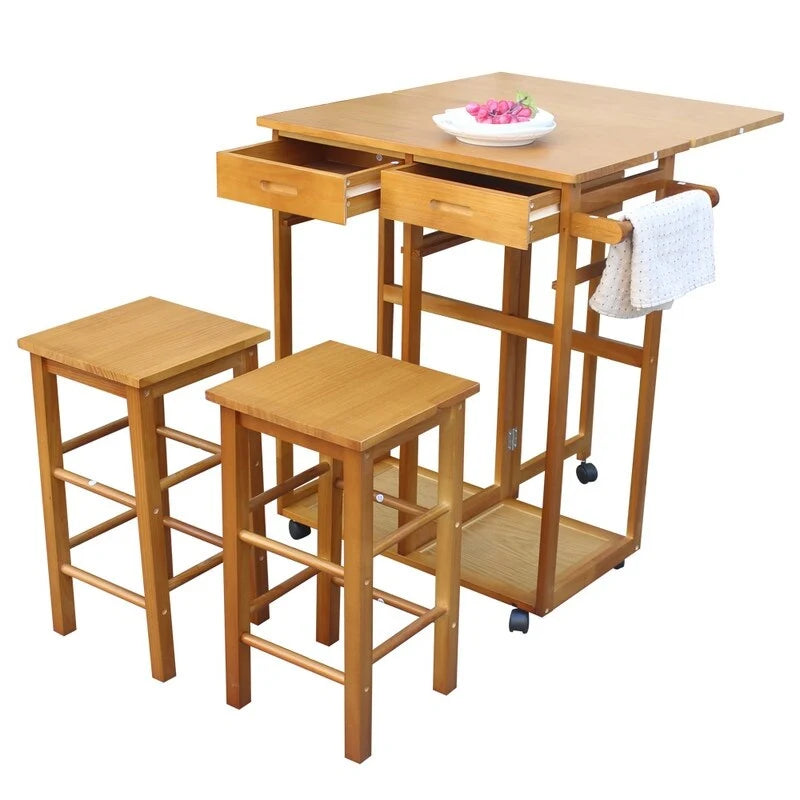 Chariot de cuisine et de salle à manger pliant carré en bois massif avec 2 tabourets gratuits marron