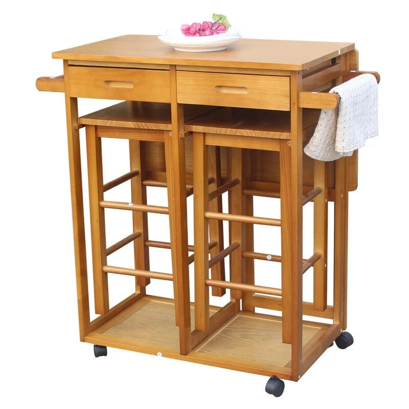 Chariot de cuisine et de salle à manger pliant carré en bois massif avec 2 tabourets gratuits marron