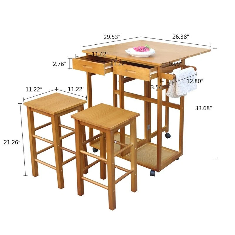 Chariot de cuisine et de salle à manger pliant carré en bois massif avec 2 tabourets gratuits marron