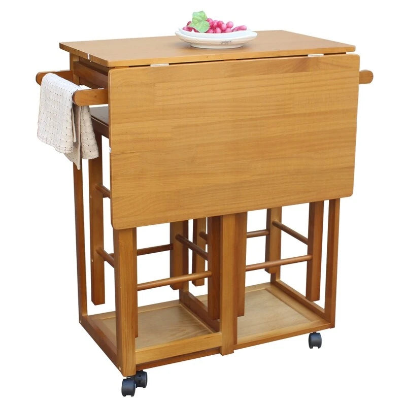 Chariot de cuisine et de salle à manger pliant carré en bois massif avec 2 tabourets gratuits marron