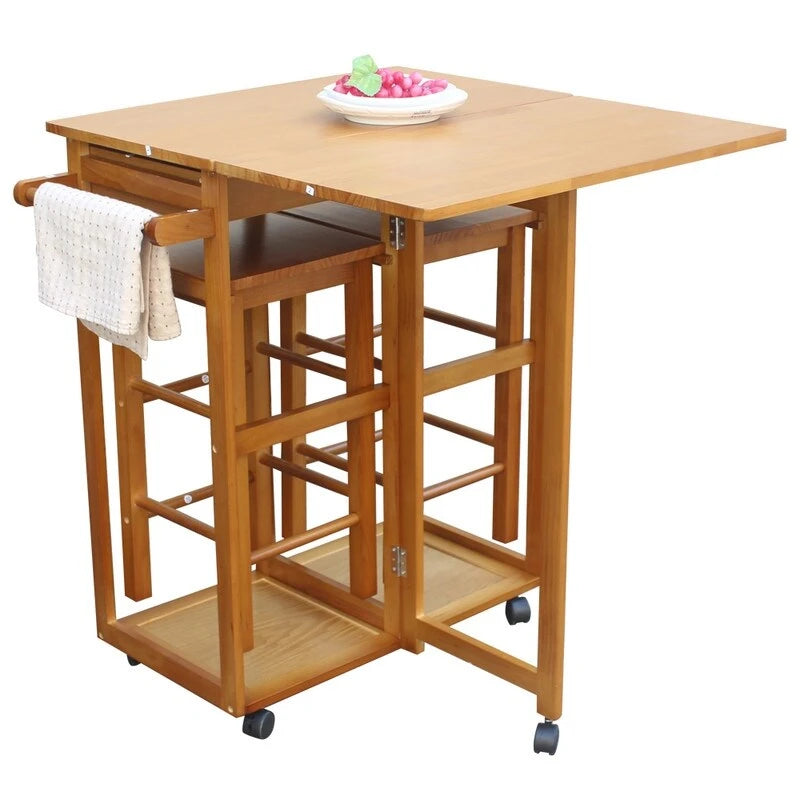 Chariot de cuisine et de salle à manger pliant carré en bois massif avec 2 tabourets gratuits marron