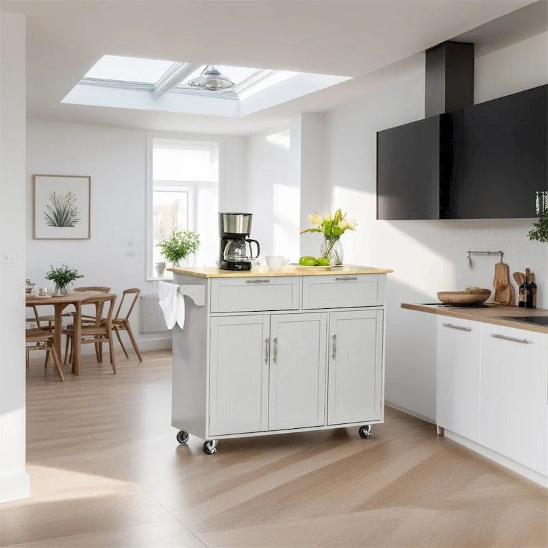 Ilot de cuisine mobile en bois avec rangements et étagères réglables