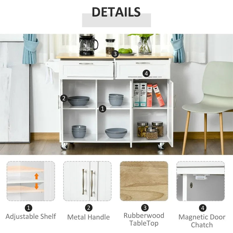Ilot de cuisine mobile en bois avec rangements et étagères réglables