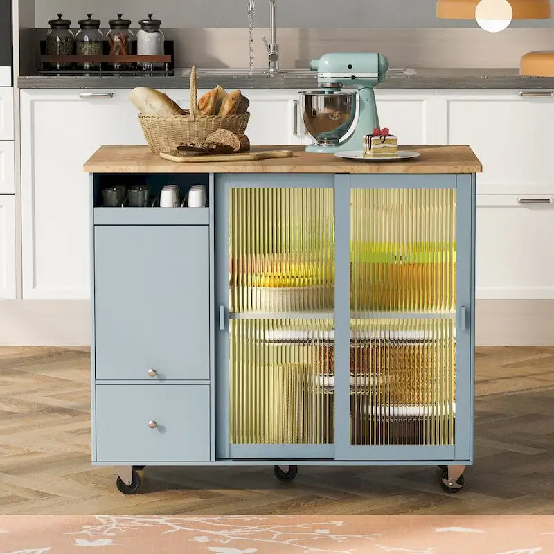 Dessin d'îlot de cuisine avec surface à abattant, éclairage LED, portes en verre cannelé, étagère réglable et deux tiroirs