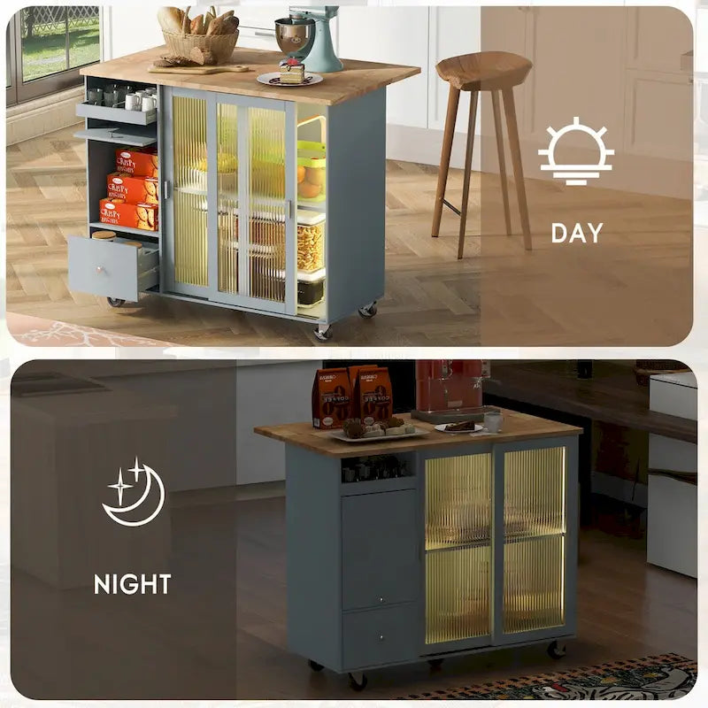 Dessin d'îlot de cuisine avec surface à abattant, éclairage LED, portes en verre cannelé, étagère réglable et deux tiroirs