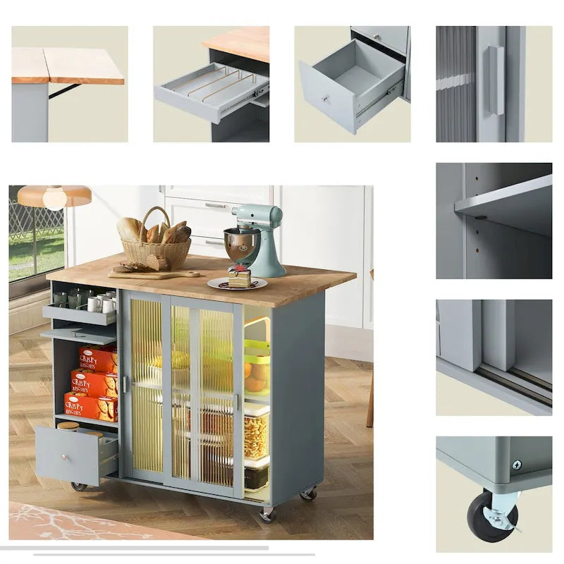 Dessin d'îlot de cuisine avec surface à abattant, éclairage LED, portes en verre cannelé, étagère réglable et deux tiroirs