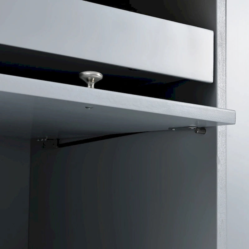 Dessin d'îlot de cuisine avec surface à abattant, éclairage LED, portes en verre cannelé, étagère réglable et deux tiroirs