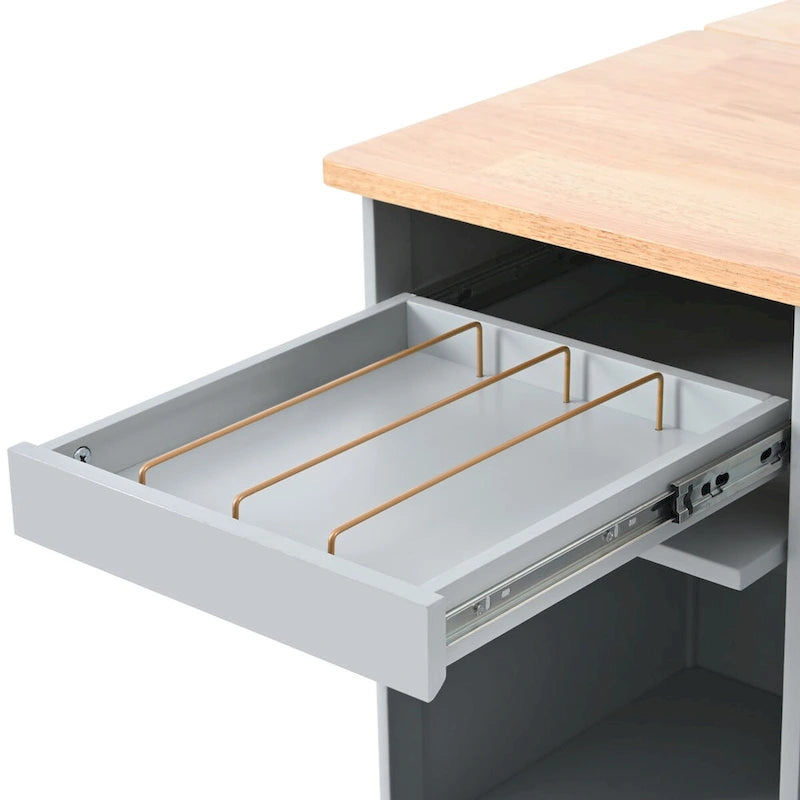 Dessin d'îlot de cuisine avec surface à abattant, éclairage LED, portes en verre cannelé, étagère réglable et deux tiroirs