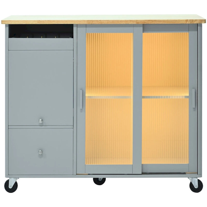 Dessin d'îlot de cuisine avec surface à abattant, éclairage LED, portes en verre cannelé, étagère réglable et deux tiroirs