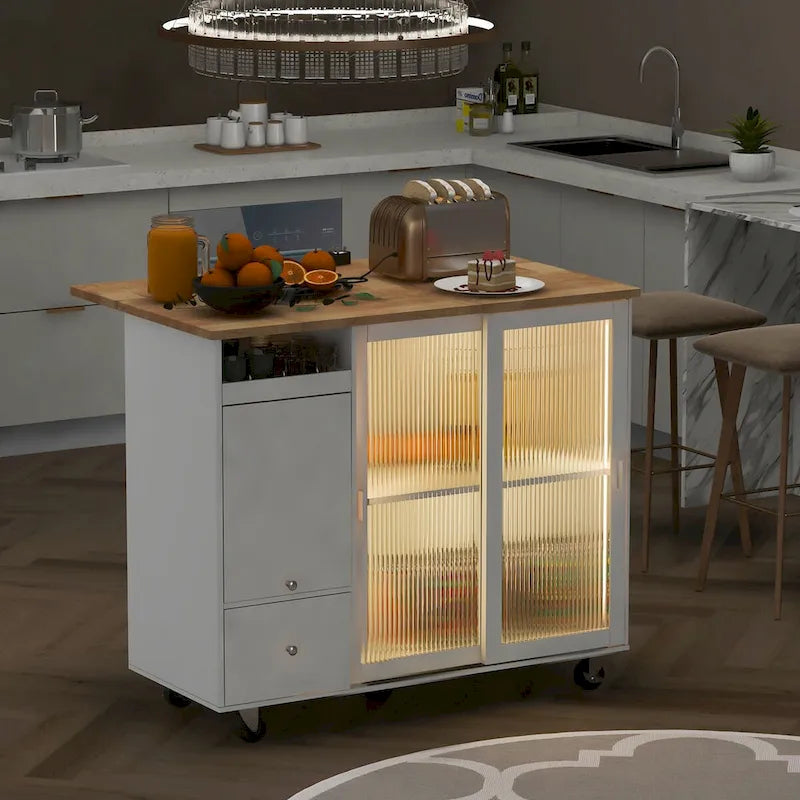 Dessin d'îlot de cuisine avec surface à abattant, éclairage LED, portes en verre cannelé, étagère réglable et deux tiroirs