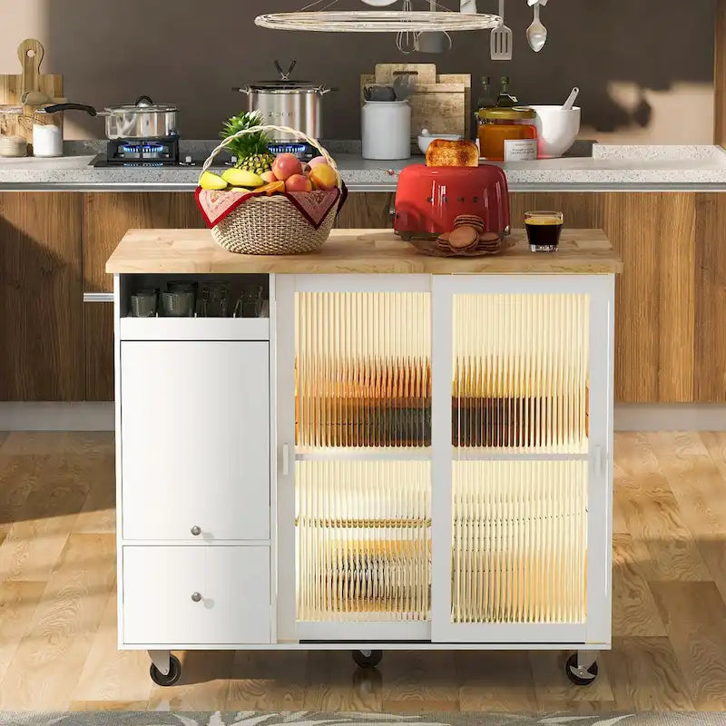 Dessin d'îlot de cuisine avec surface à abattant, éclairage LED, portes en verre cannelé, étagère réglable et deux tiroirs