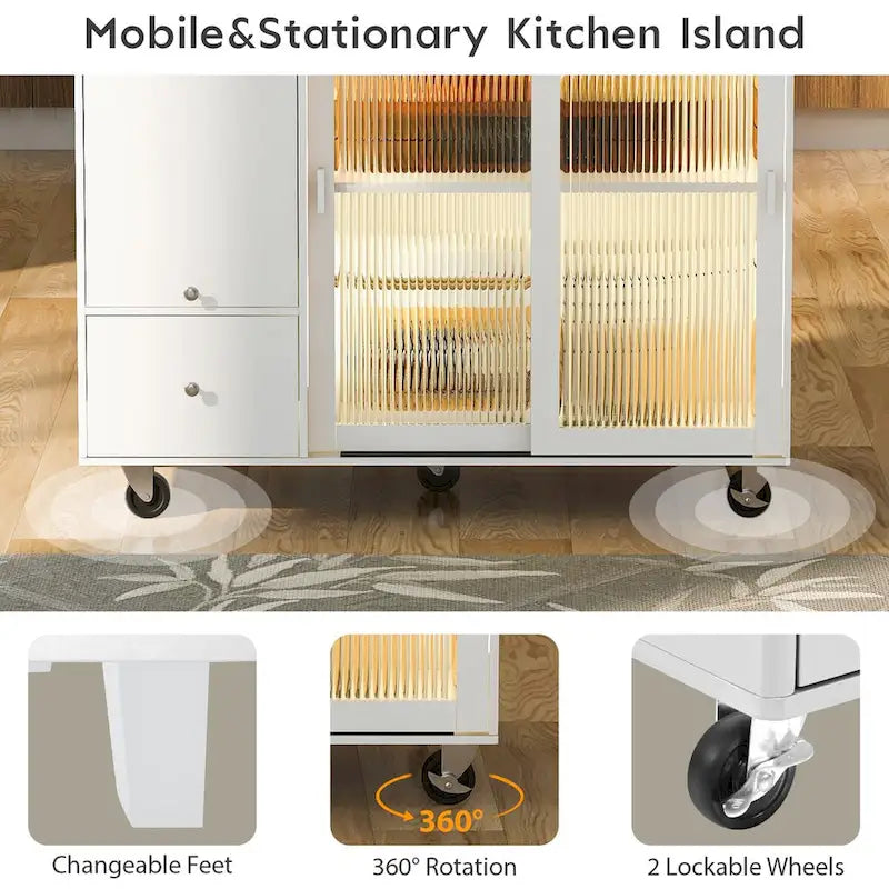 Dessin d'îlot de cuisine avec surface à abattant, éclairage LED, portes en verre cannelé, étagère réglable et deux tiroirs