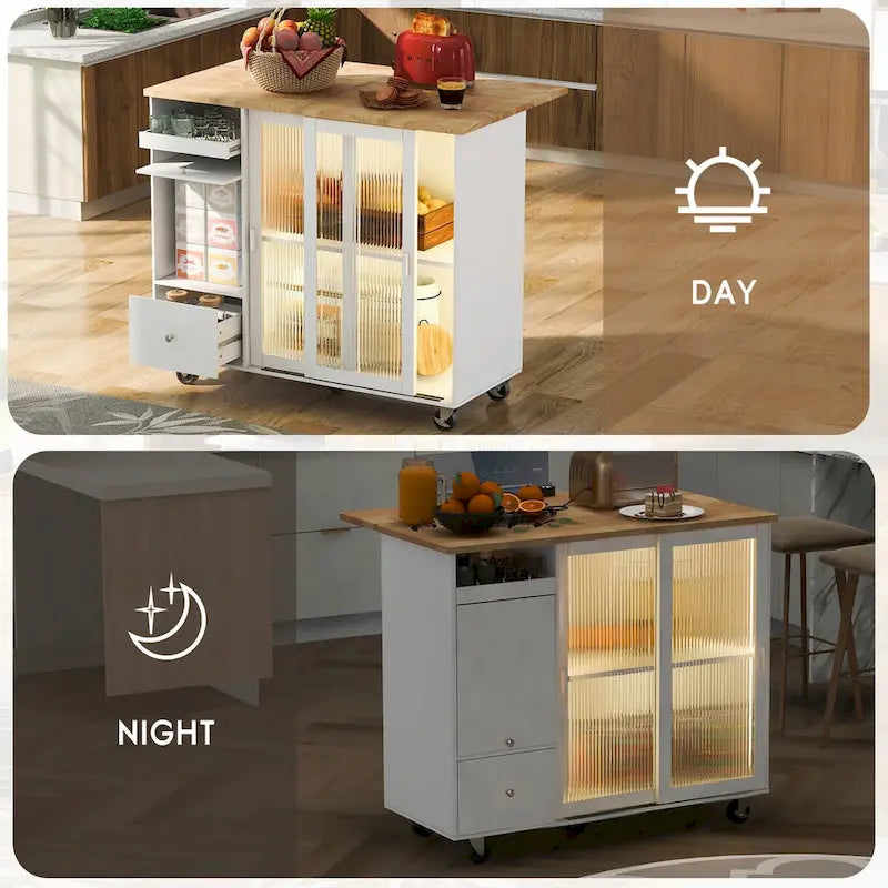 Dessin d'îlot de cuisine avec surface à abattant, éclairage LED, portes en verre cannelé, étagère réglable et deux tiroirs