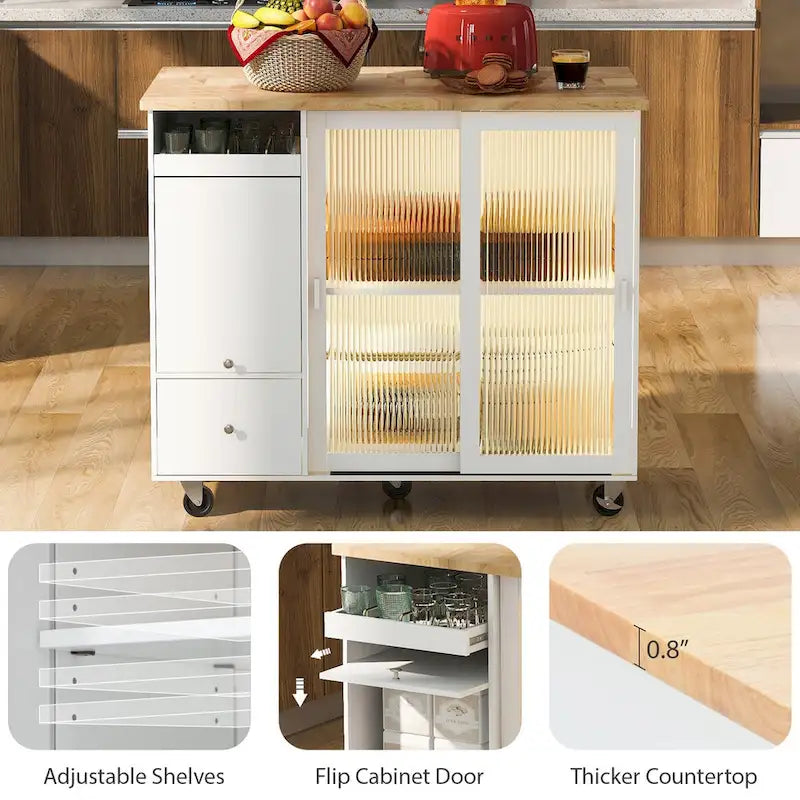 Dessin d'îlot de cuisine avec surface à abattant, éclairage LED, portes en verre cannelé, étagère réglable et deux tiroirs