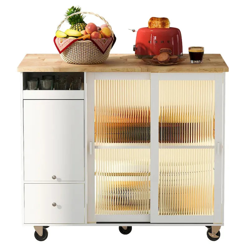 Dessin d'îlot de cuisine avec surface à abattant, éclairage LED, portes en verre cannelé, étagère réglable et deux tiroirs