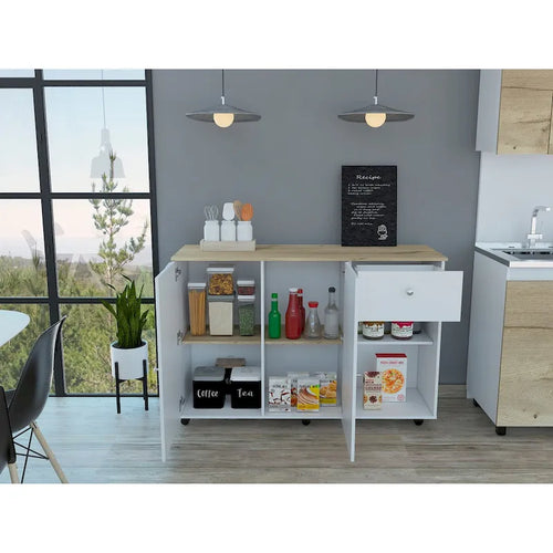 Îlot de cuisine blanc et pin avec 2 tiroirs et 2 étagères
