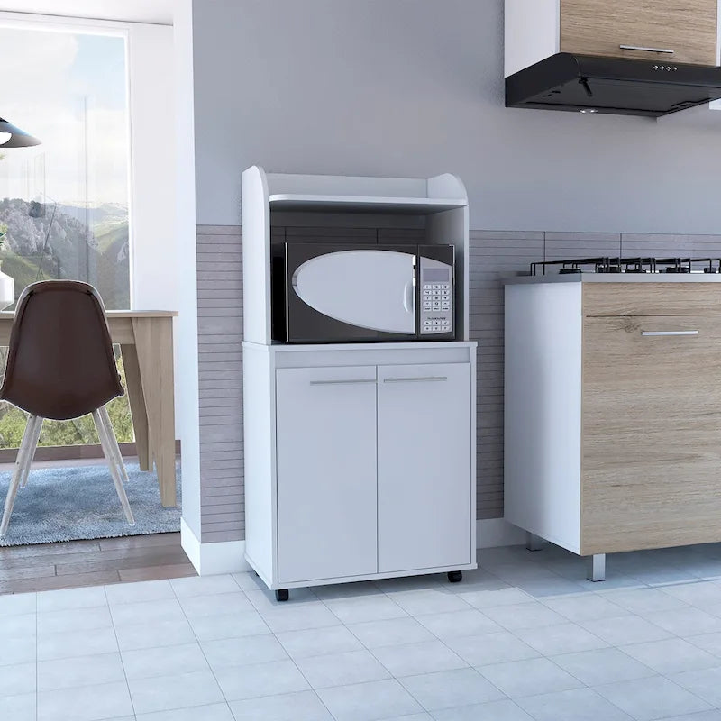 Chariot de cuisine, meuble bas double porte, une étagère ouverte, deux étagères intérieures, blanc