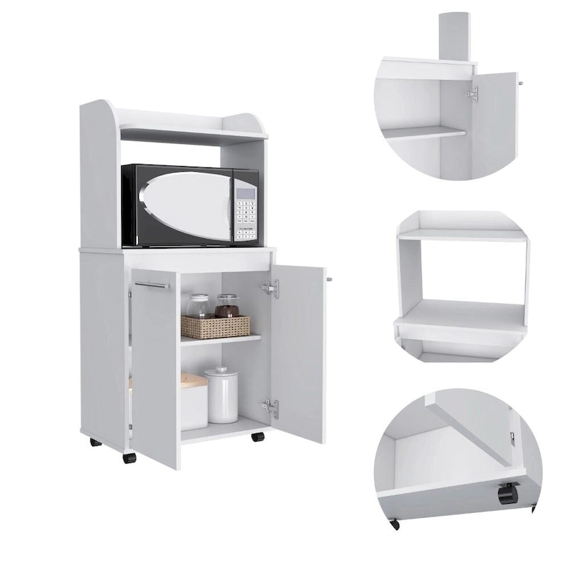 Chariot de cuisine, meuble bas double porte, une étagère ouverte, deux étagères intérieures, blanc